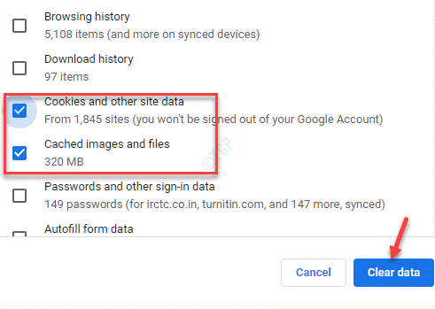 Limpar dados de navegação, cookies e outros dados do site, imagens e arquivos armazenados em cache Selecione