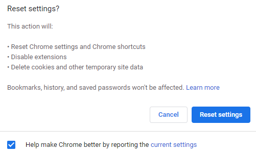 Prompt de redefinição de configurações
