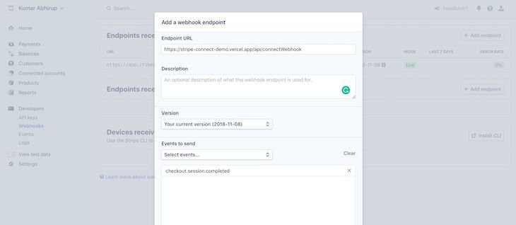 Panel To Add A Webhook Endpoint