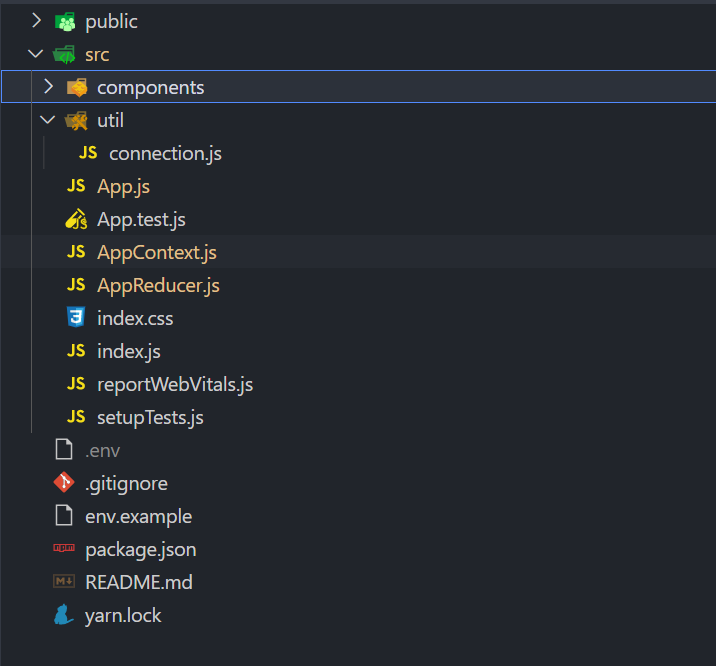Captura de tela da árvore de arquivos para o aplicativo Pokémon React