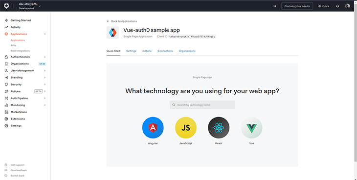 Selecione Vue em Auth0