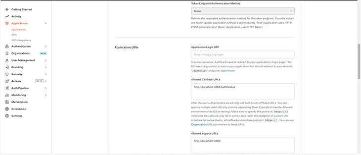 Tela de URLs de logout permitidos em Auth0