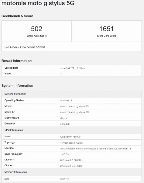 Moto G Stylus 5G Geekbench