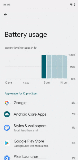 Android 12 Beta 2 Battery Usage