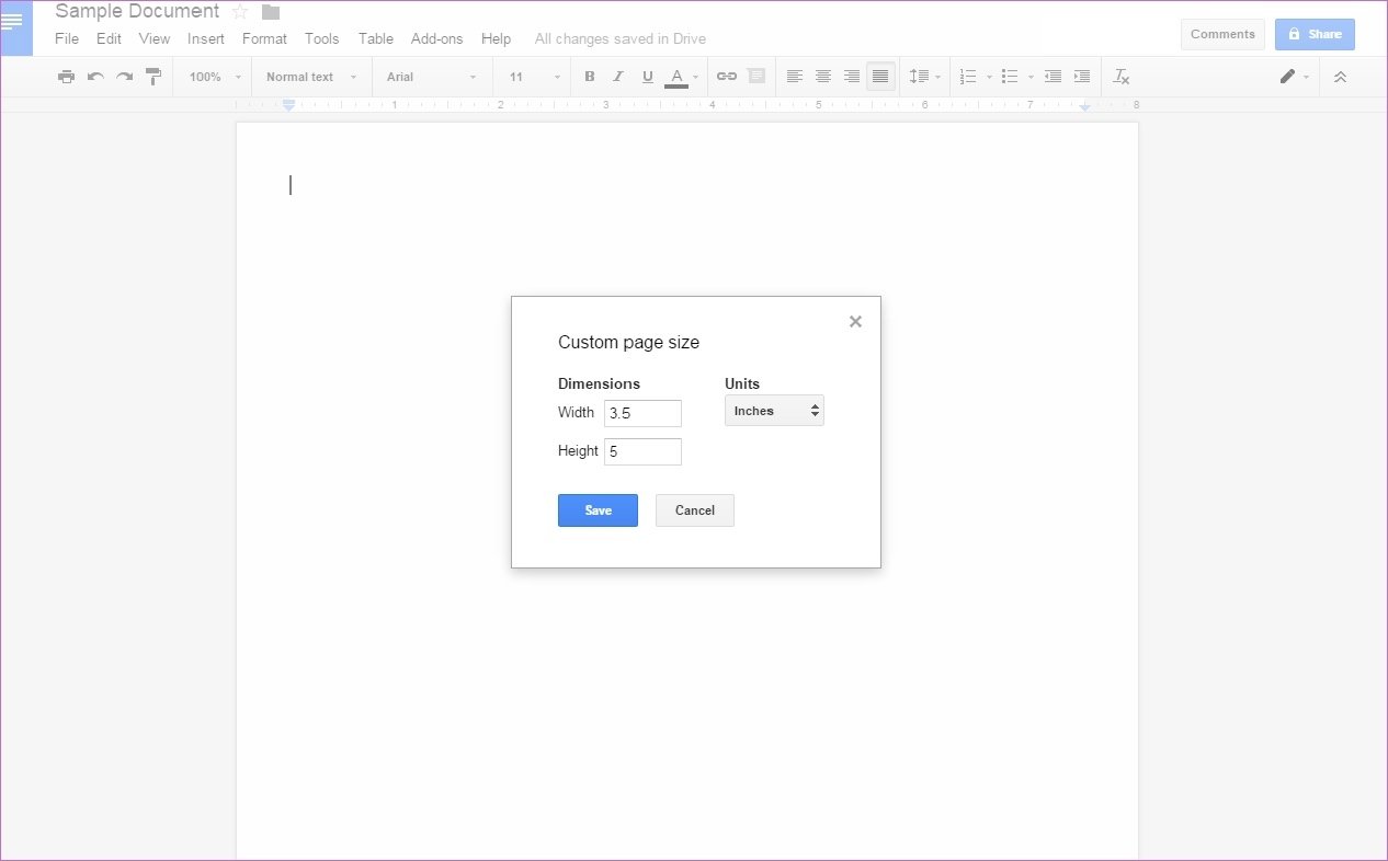 Adição do sizer de página para o Google Docs