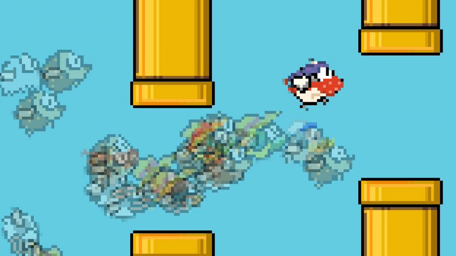 best-io-games-flappy-royaleio 99 pássaros batendo asas na frente de um fundo azul entre tubos amarelos em Flappy Royale.io