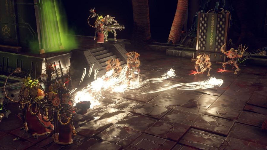 best trpg warhammer 40k mechanicus um grupo de guerreiros com túnicas aumentadas enfrentando o mecânico monstruosidades. Parece haver fogo.