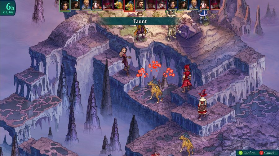 best trpg caíram selos árbitros mark Uma senhora em terreno elevado confronta uma fera abaixo dela. Outros guerreiros estão espalhados pelo mapa.