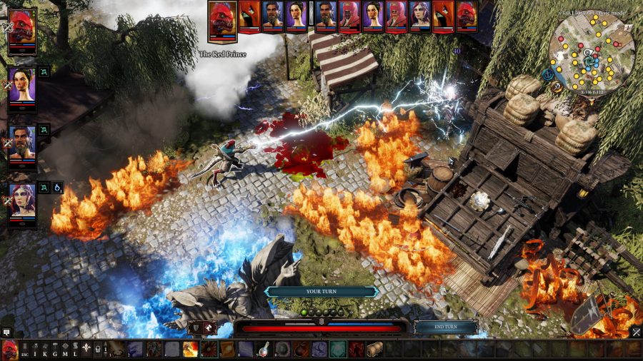 best trpg divinity original sin 2 um homem-lagarto vestido de mago dispara relâmpagos de suas mãos em um inimigo. O fogo está espalhado por todo o chão.