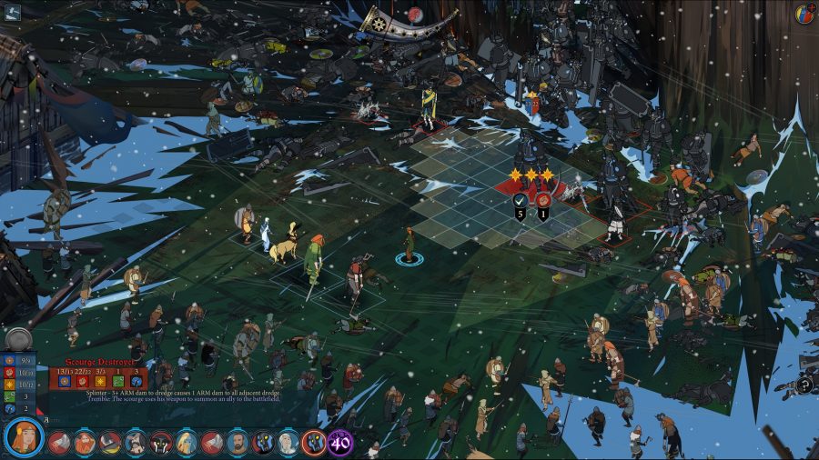 best trpg banner saga 3 dois grupos de guerreiros se enfrentam em um campo com uma grade imposta na parte superior