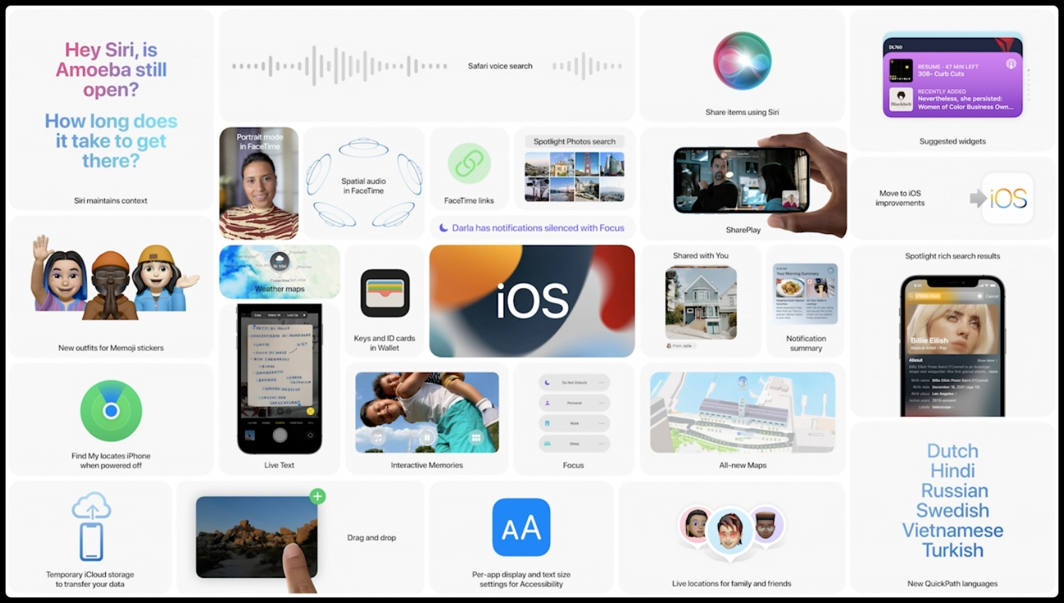 Vídeo prático do iOS 15: slides da Apple listando todos os principais recursos