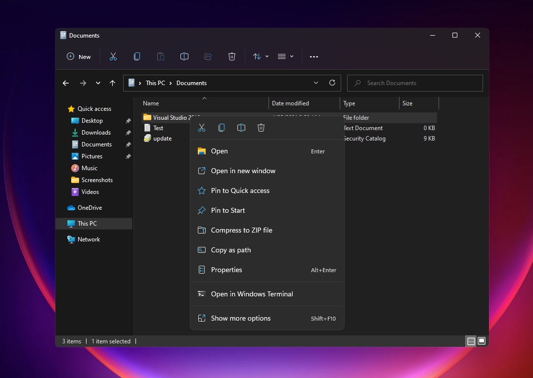 Menu de contexto do File Explorer