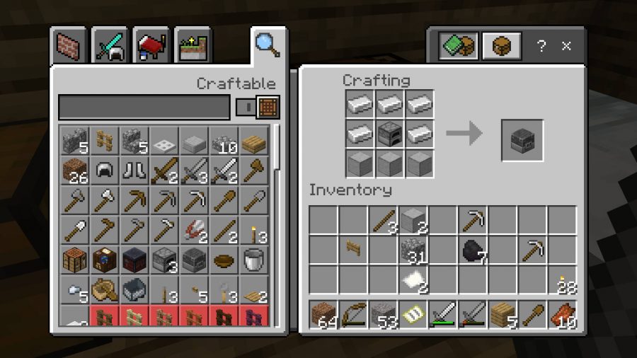 A receita do alto-forno do Minecraft conforme mostrado no menu da tabela de crafting.