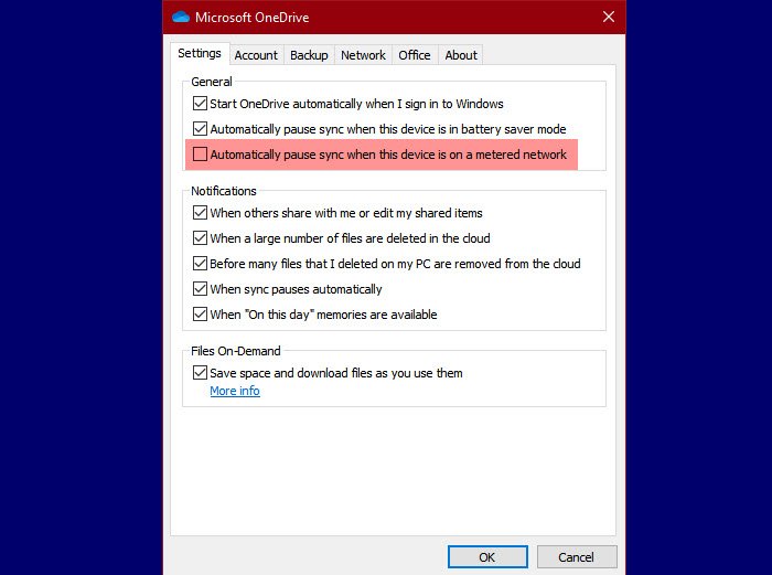 Ligar ou desligar Pausar sincronização do OneDrive na rede medida