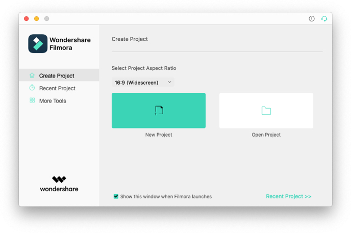 Selecione um novo projeto no aplicativo Wondershare Filmora X