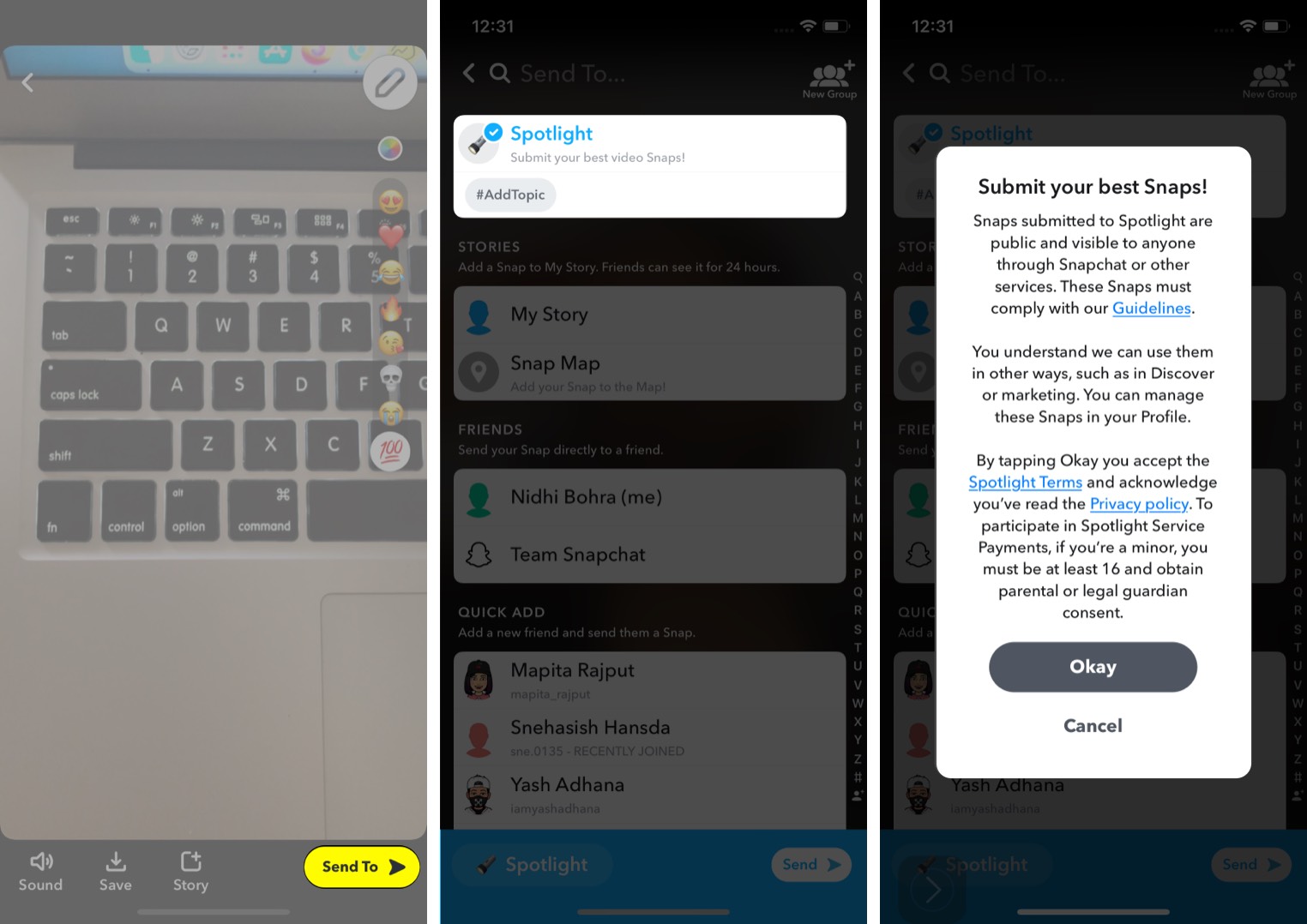 Enviar destaques por meio do aplicativo Snapchat para iPhone