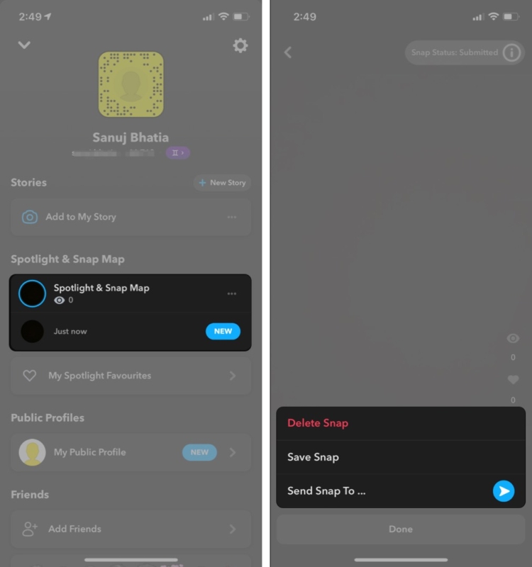 Salvar ou excluir um snap do Spotlight no Snapchat