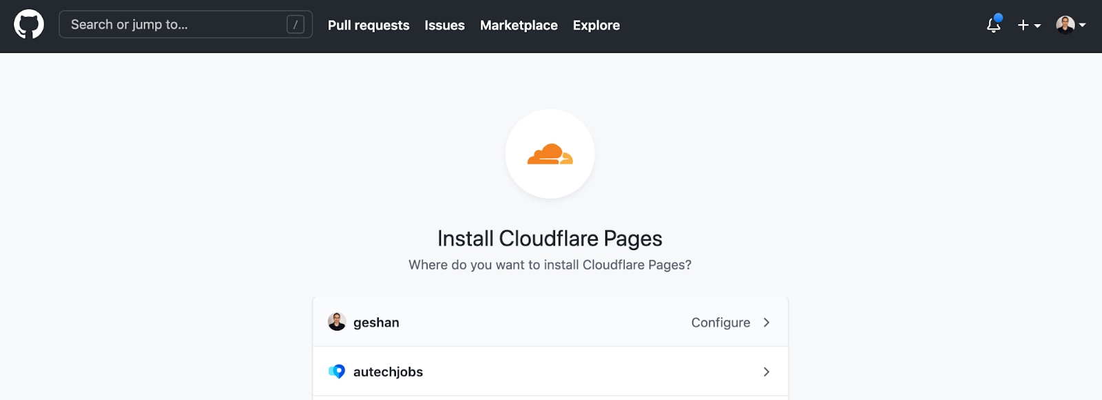 Captura de tela da guia Github install cloudflare pages