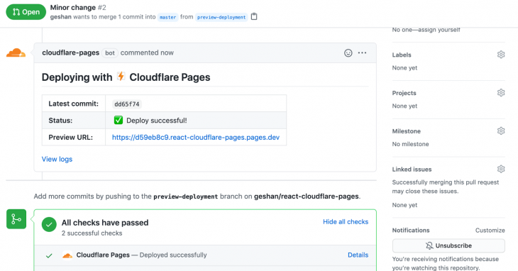 Screenshot of Github repo with comment by Cloudflare pages stating successful deployment