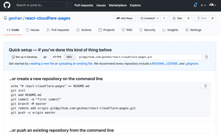 Captura de tela do Git página hub após a criação do novo repositório