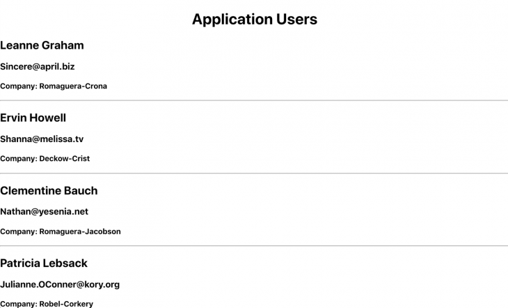 Captura de tela de usuários do aplicativo com nome, e-mail e nome da empresa
