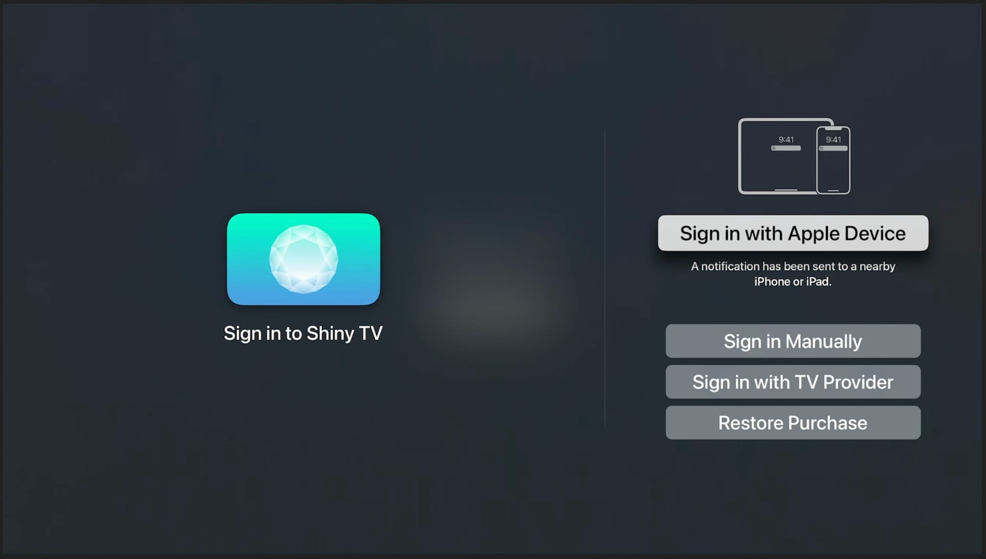 Uma imagem mostrando a opção Sign in with Apple Device destacada no Apple TV