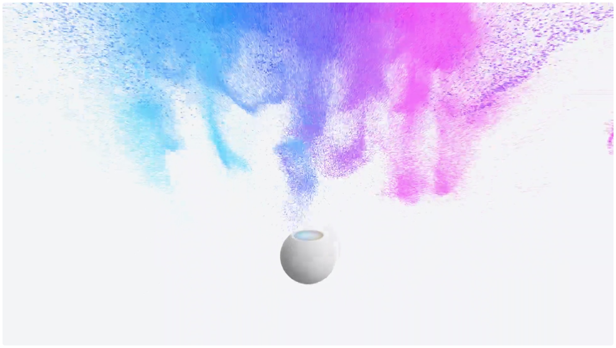Uma imagem promocional que mostra o alto-falante Apple HomePod mini Siri em um fundo colorido