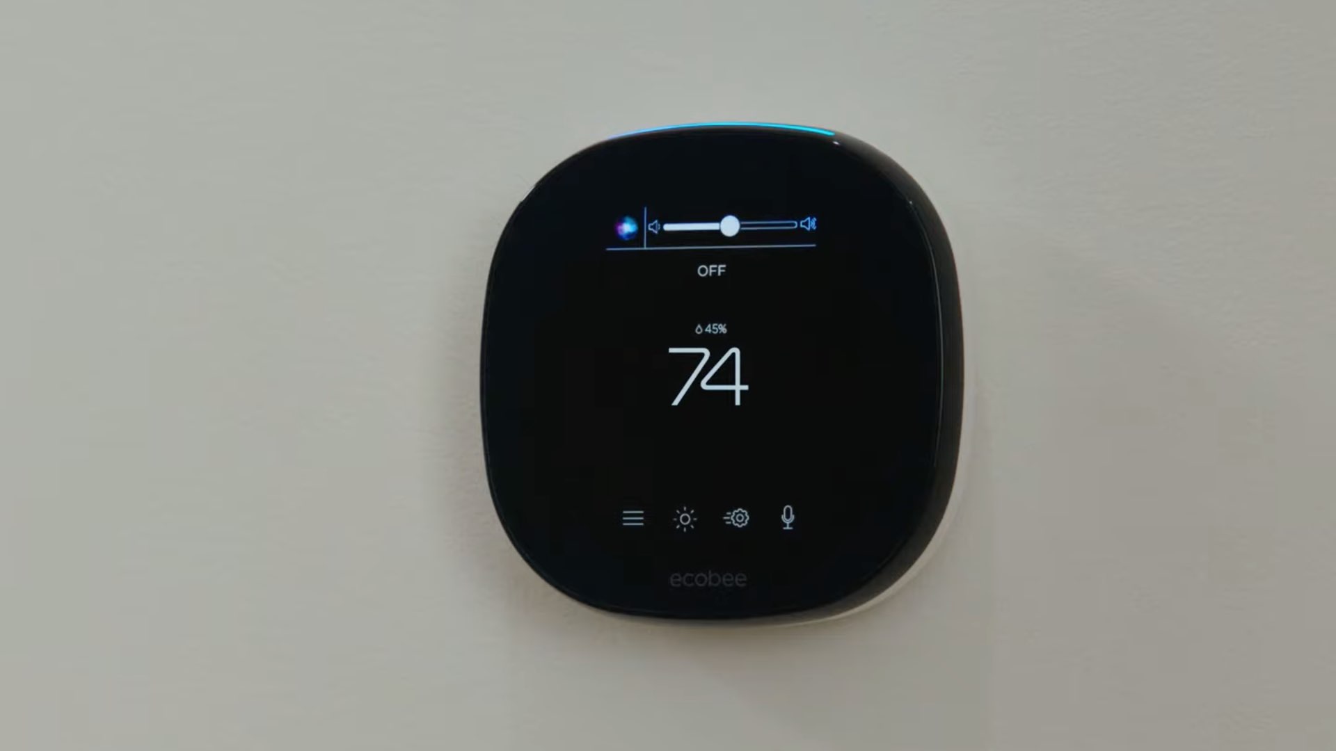 Uma imagem mostrando Termostato Ecobee Smart com orbe Hey Siri exibida em seu visor