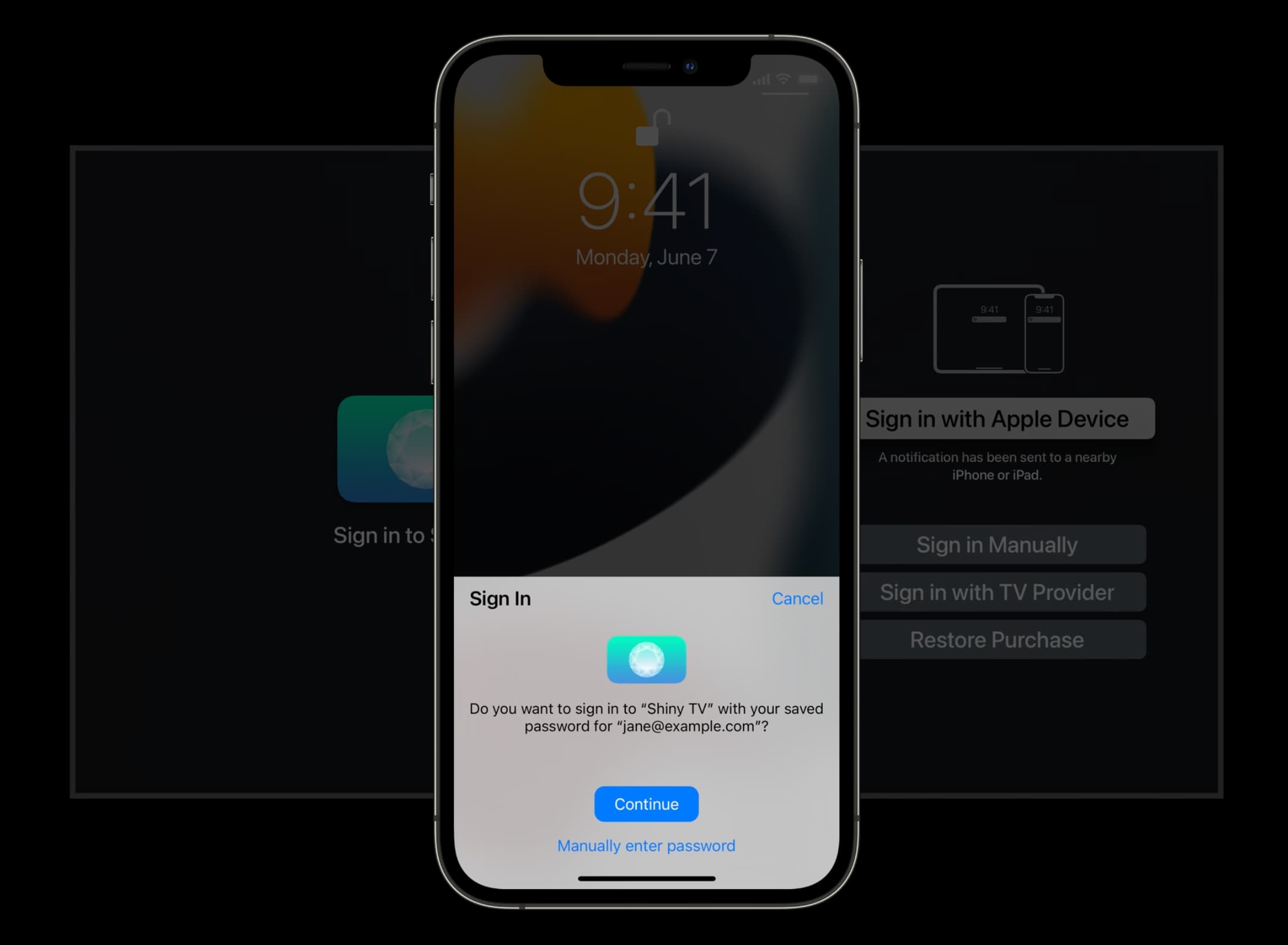 Uma imagem mostrando como fazer login em um aplicativo Apple TV com Face ID em um iPhone
