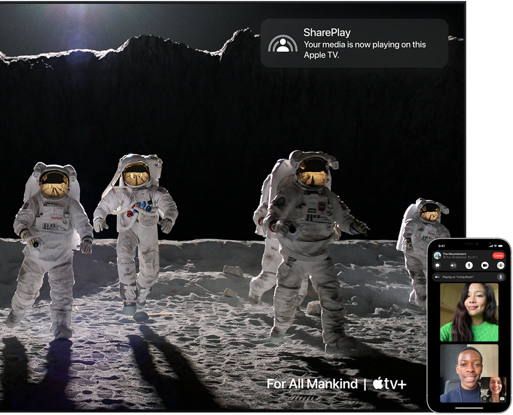 Uma imagem promocional exibindo um Videochamada FaceTime em um iPhone com SharePlay na Apple TV