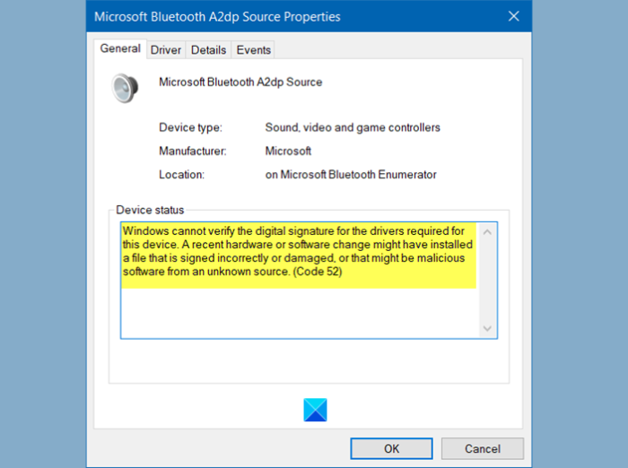 O Windows não pode verificar a assinatura digital Código 52