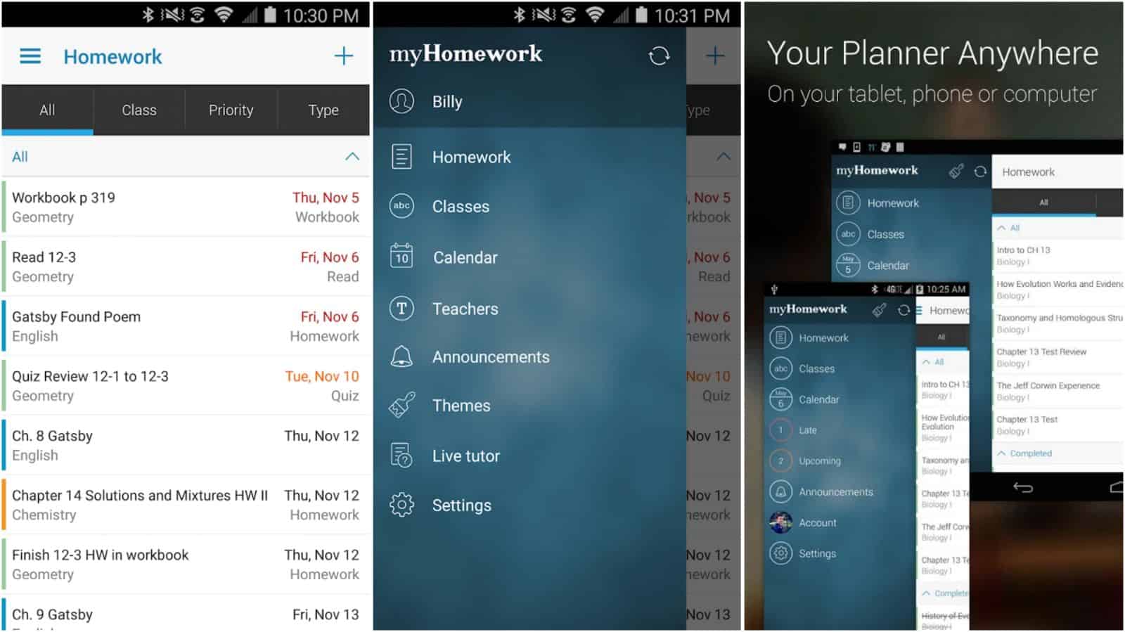 imagem da grade do aplicativo myHomework Student Planner